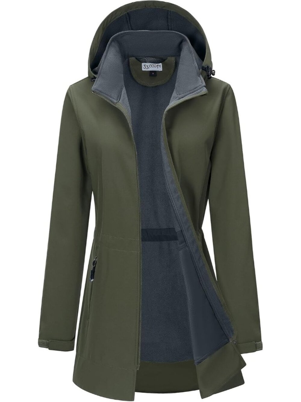 Women's Green Hooded Fleece Lined Softshell Full Zip Long Waterproof Rain Jacket